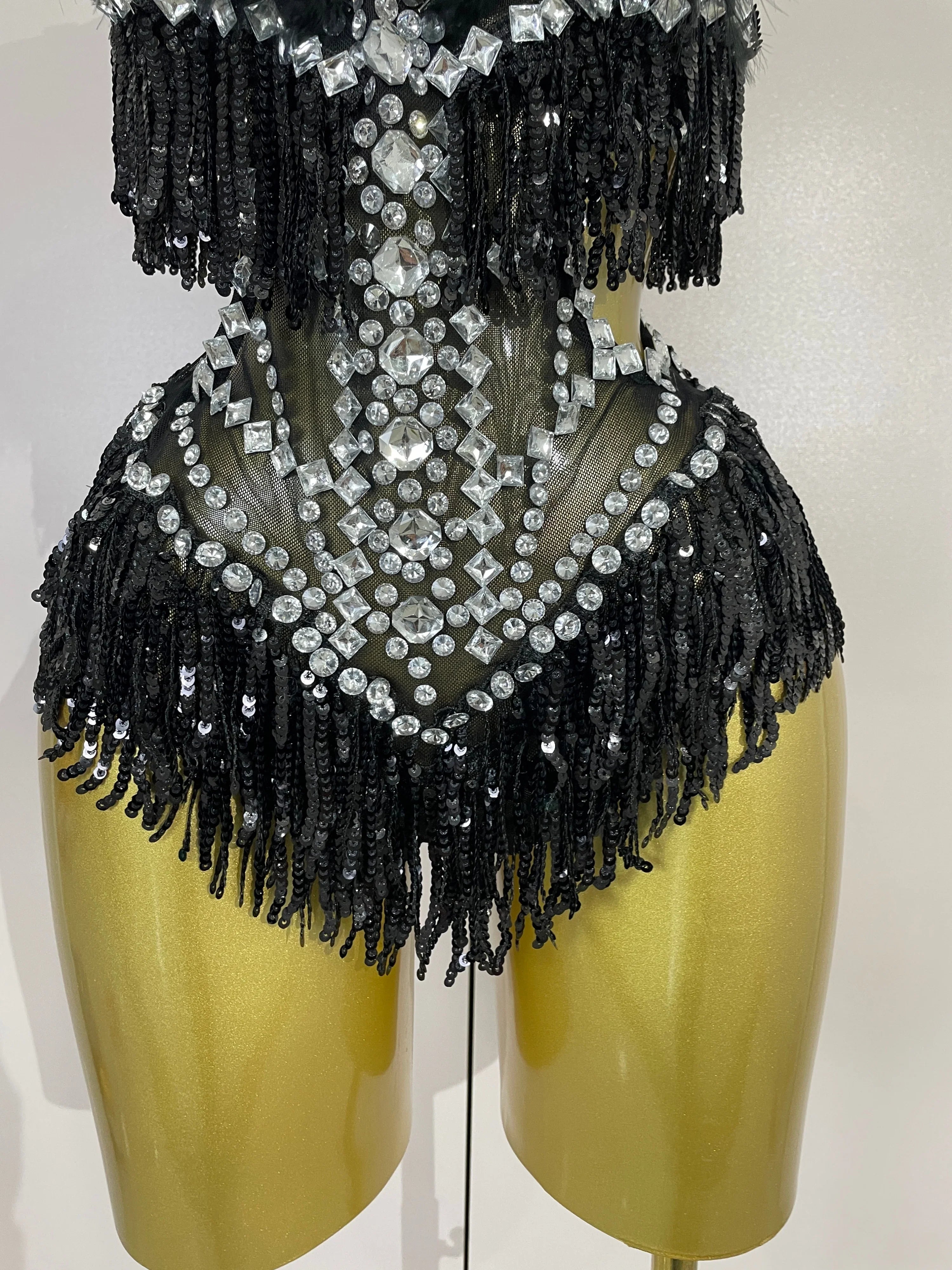 Claire Rhinestone Feather Tassel Mesh Bodysuit
