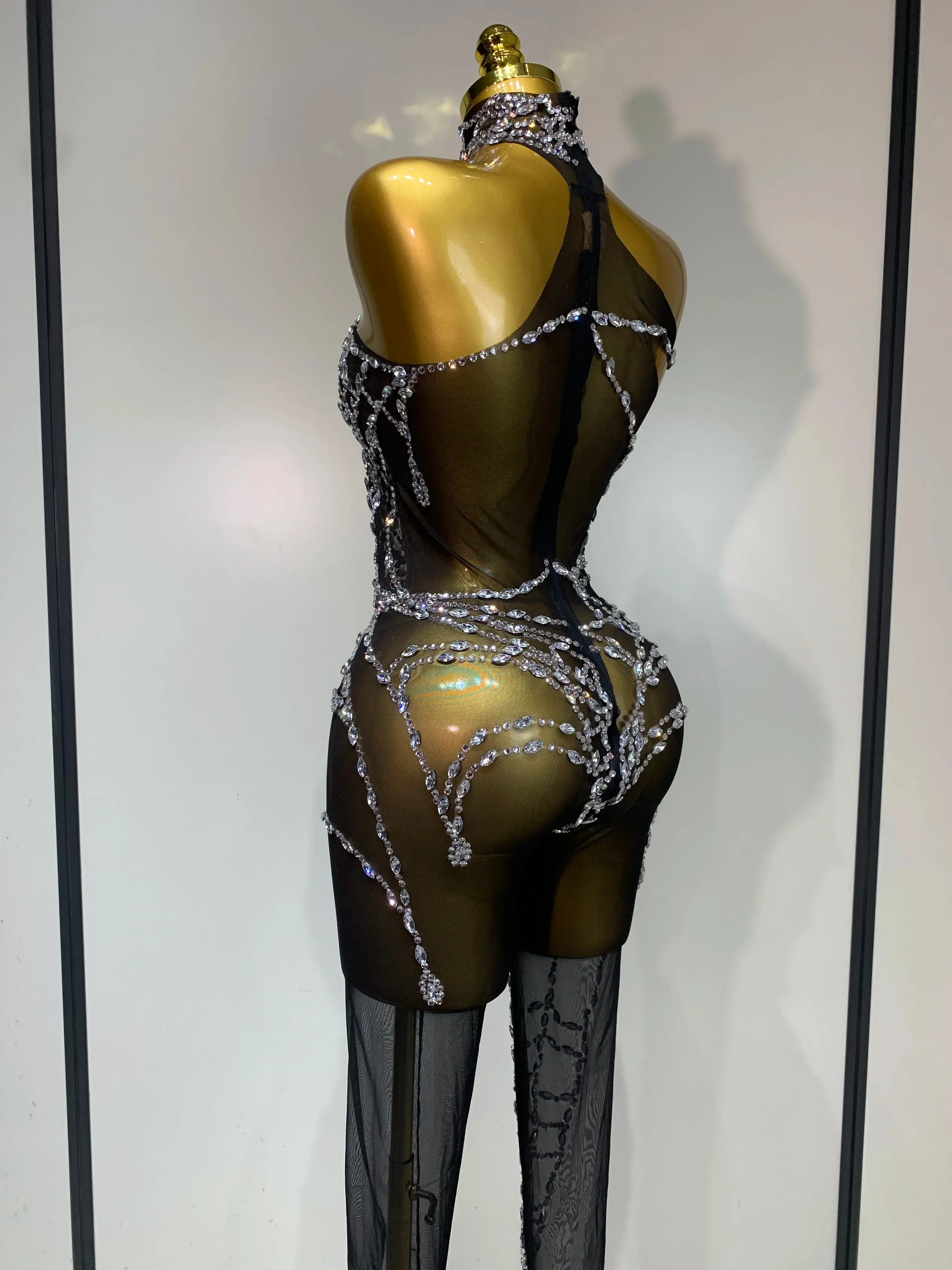 Aisani Sparkly Diamond Sexy Mesh Jumpsuit Outfit