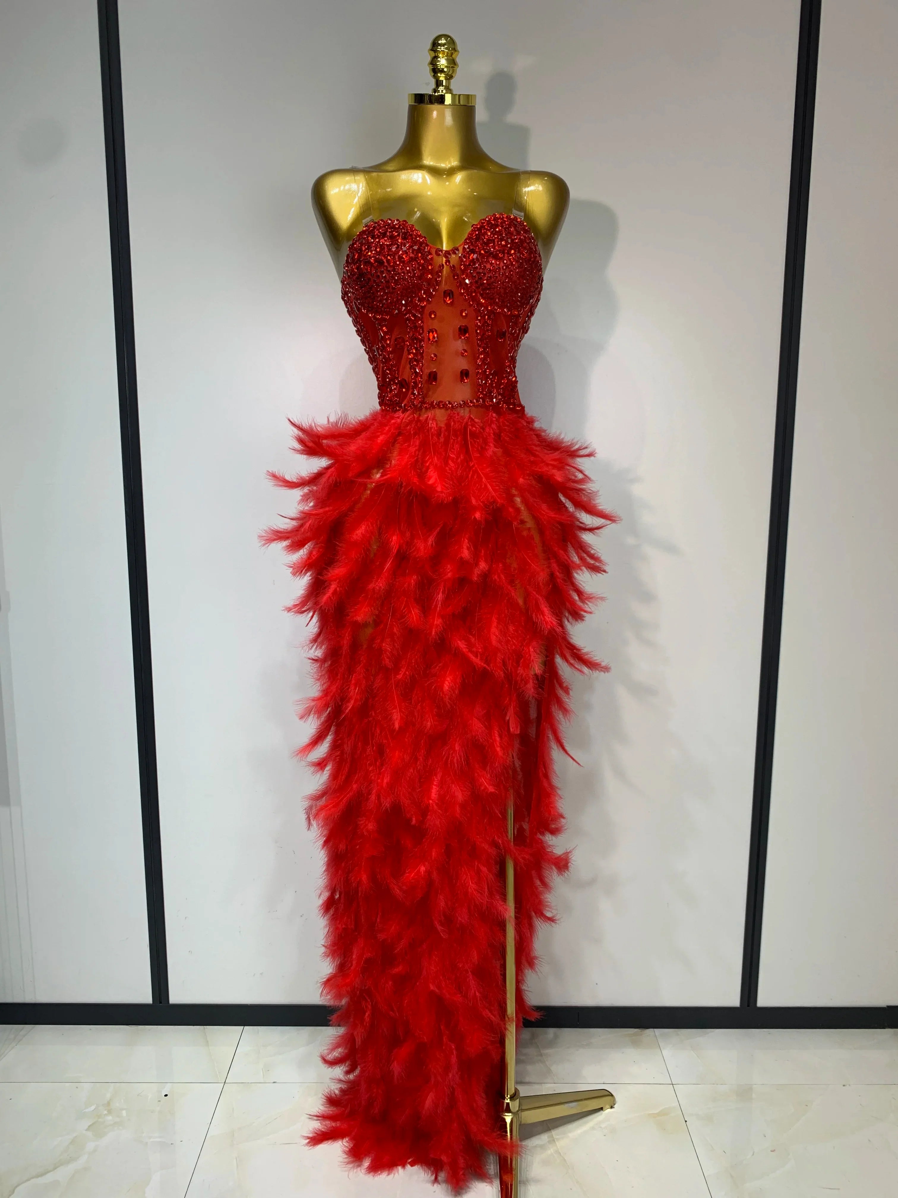 Anna Sparkly Rhinestone Feather Mesh Long Dress