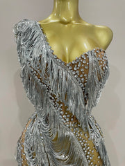 Carrie Sparkly Rhinestone Sequins Tassel Mesh One Shoulder Short Dress