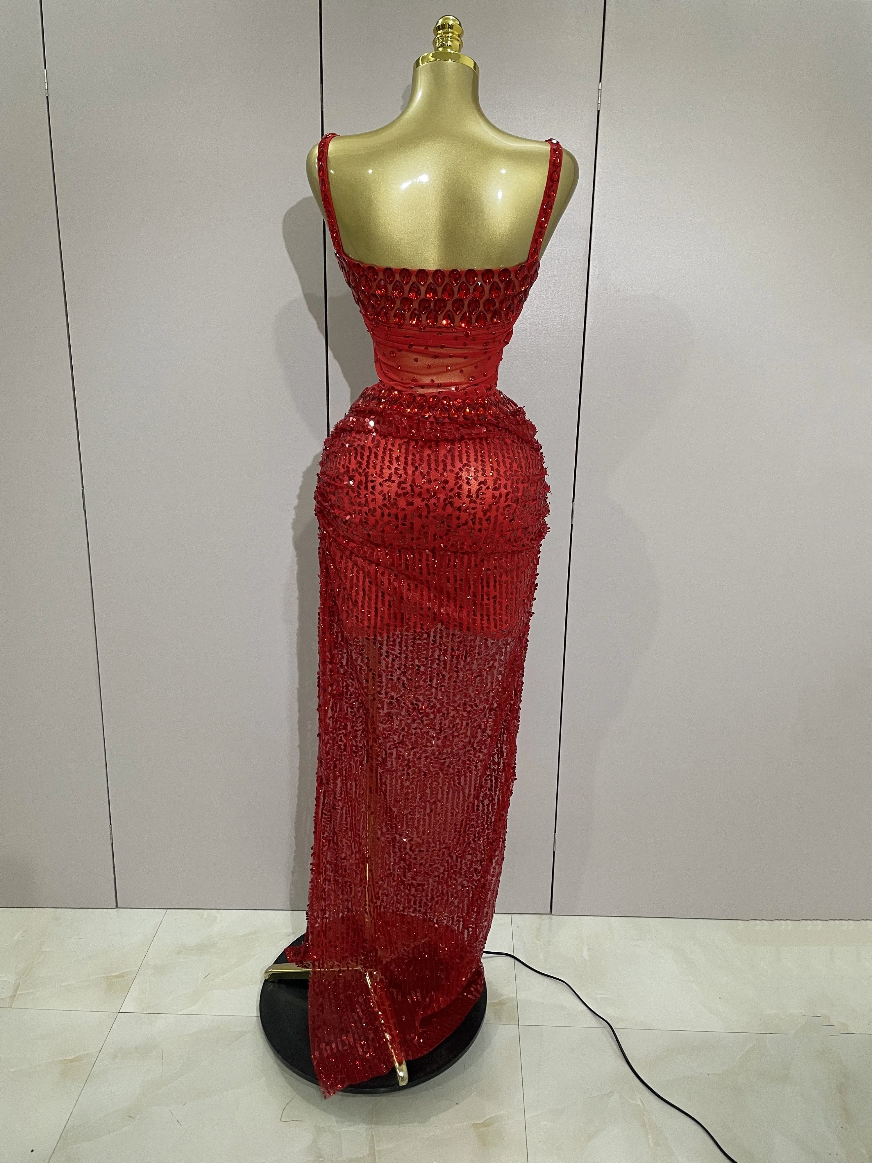 Amina Sparkly Red Rhinestone 2-Piece Long Dress – Party & Stage Glam