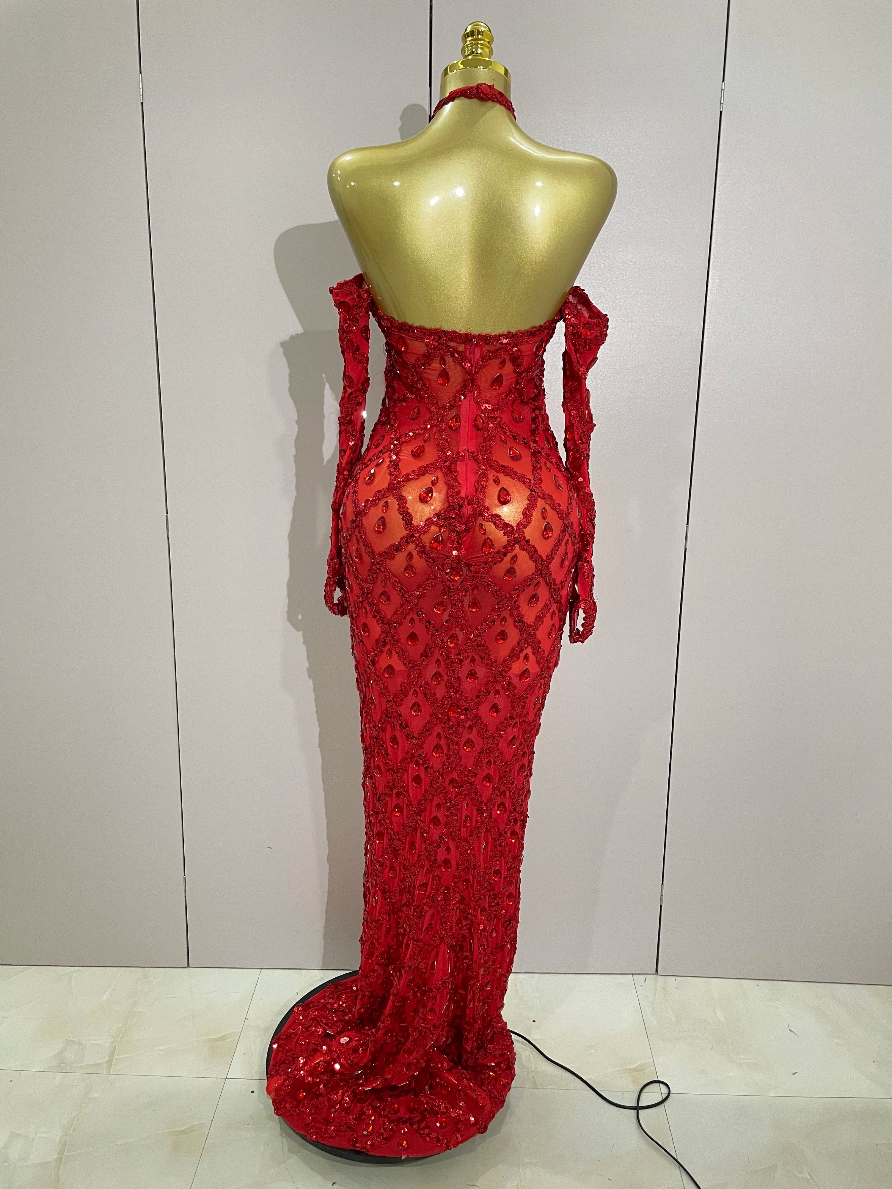 Avery Sparkly Rhinestones Halter Mesh Long Dress With Gloves