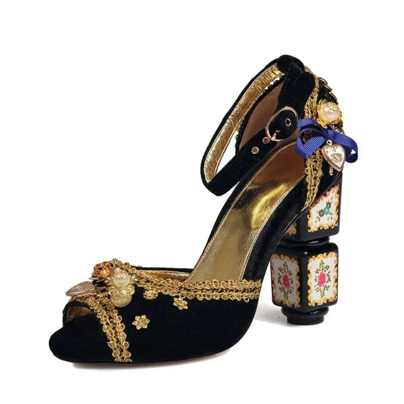 Black Velvet Pearl Special-Shaped Peep Toe Sandals Flower Bow Buckles High Heels