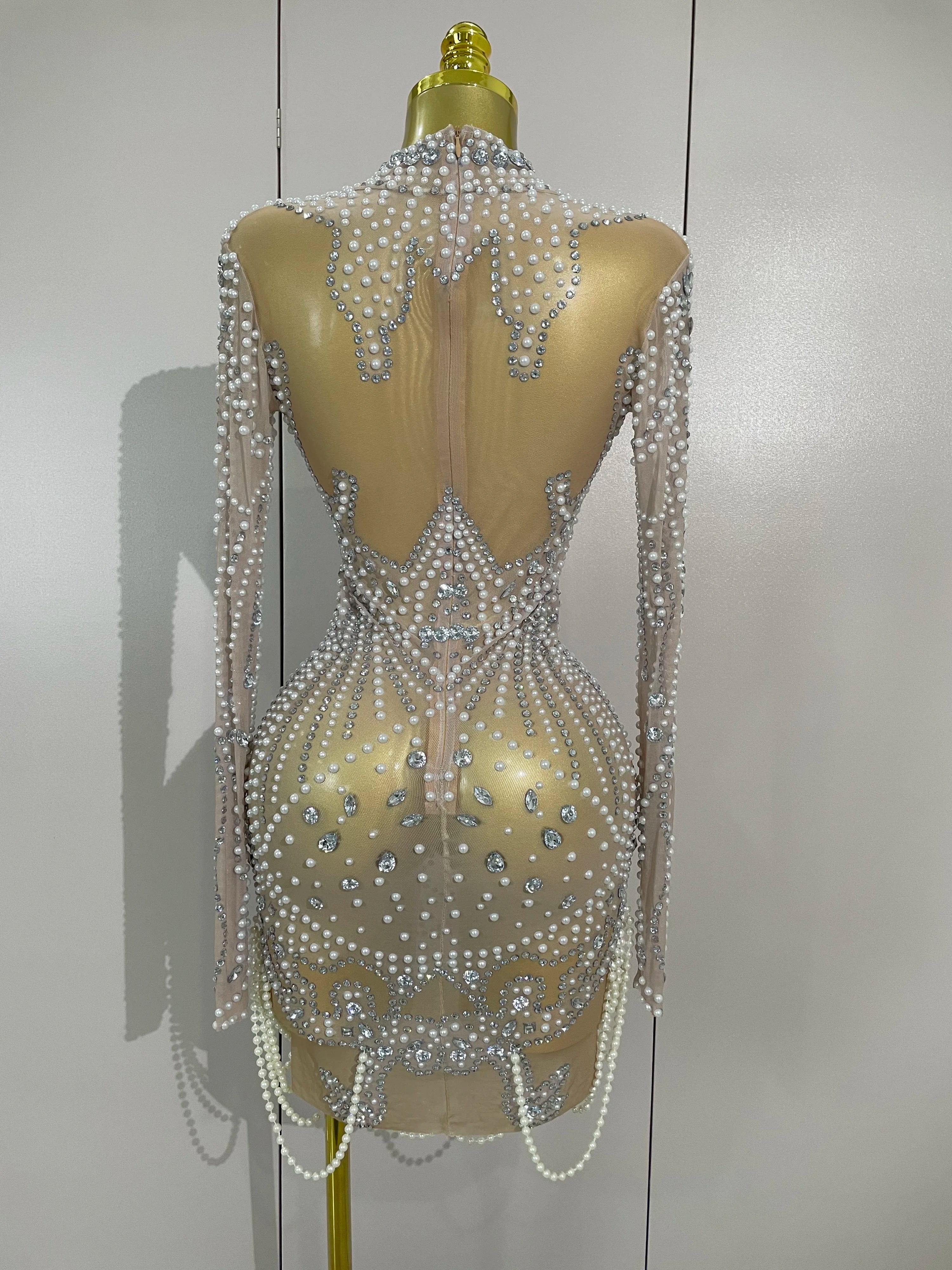Brenda Short Mesh Dress With Pearls and Sparkling Diamonds - Ready to Ship