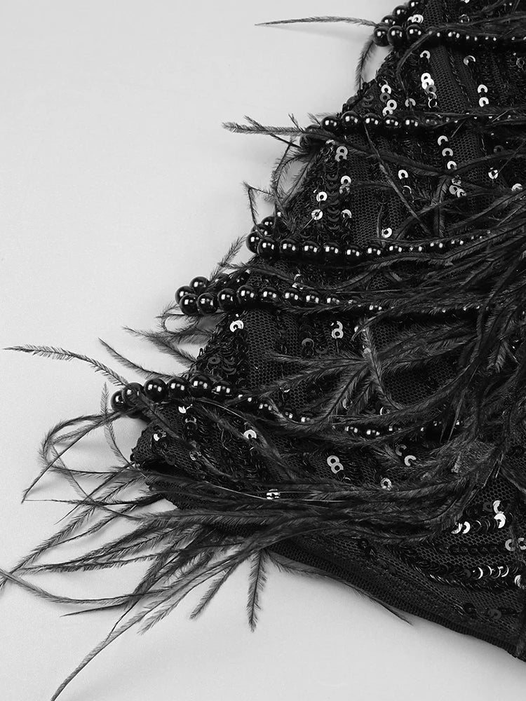Amara – Black Pearl Chain Strapless Feather Mini Dress