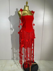 Carmie Elegant Red Strapless Sexy Long Tassel Bandage Dress