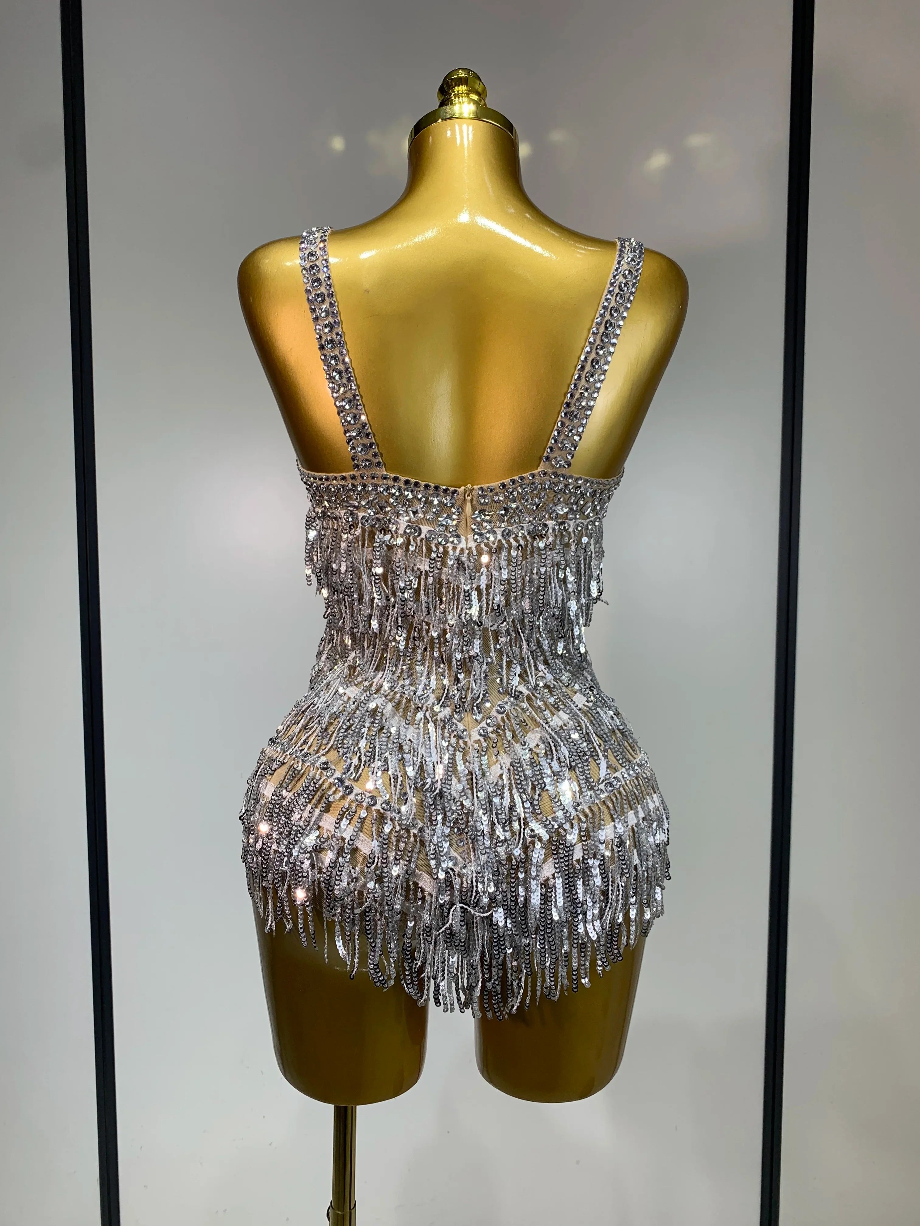Anne Sparkly Rhinestones Sequins Tassel Sexy See-Through Bodysuit
