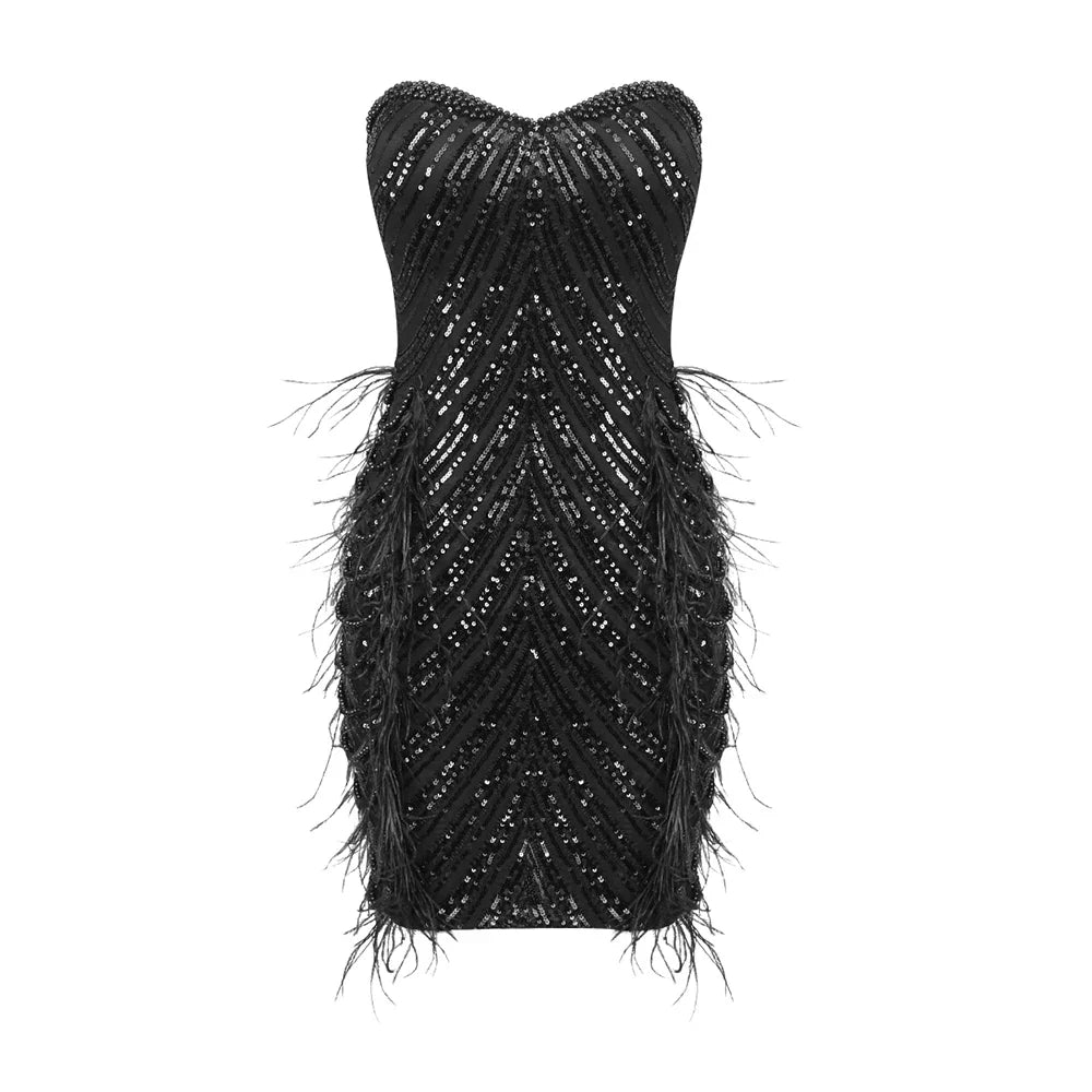 Amara – Black Pearl Chain Strapless Feather Mini Dress