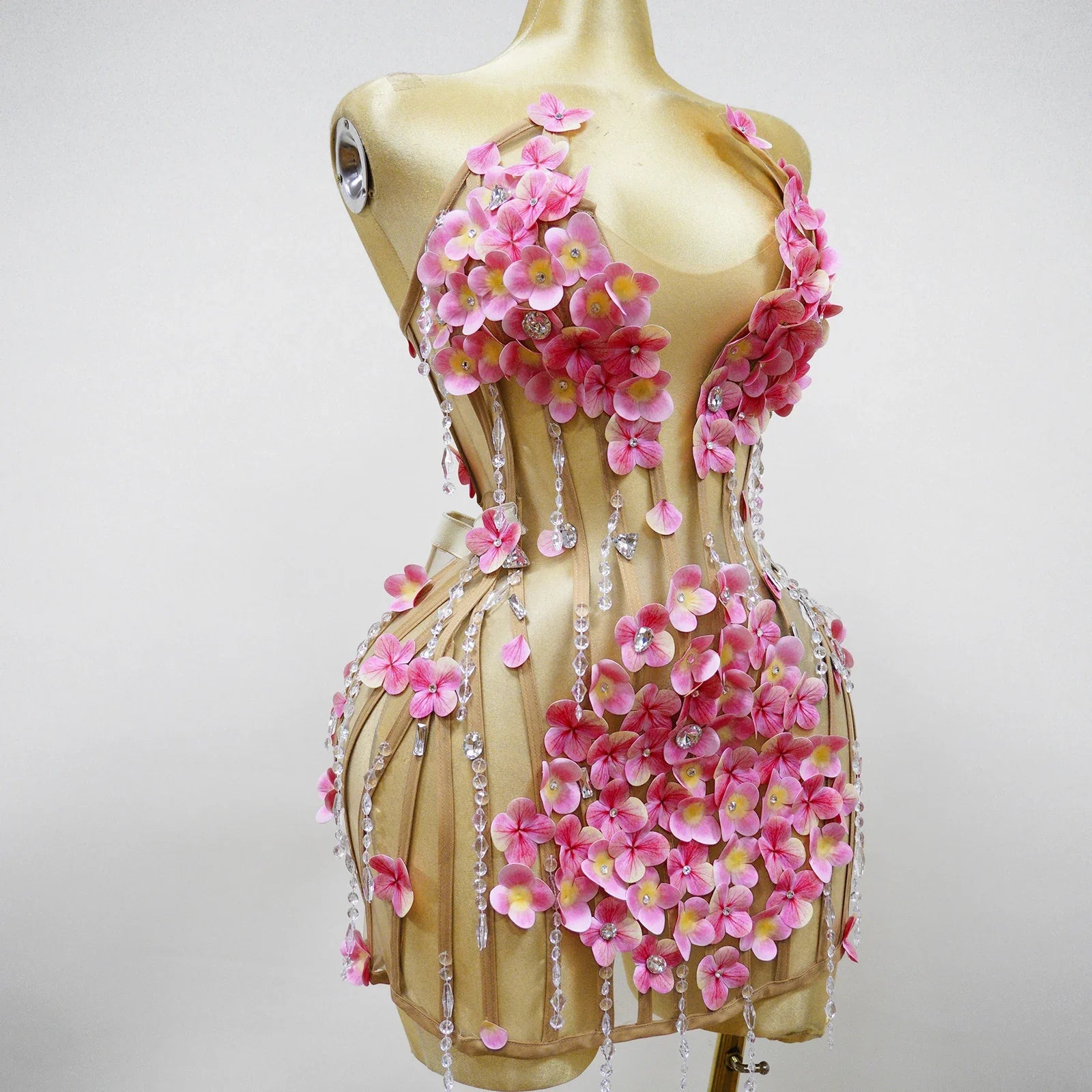 Courtney Nude Pink Mesh 3D Flower Crystal Beaded Jumpsuit