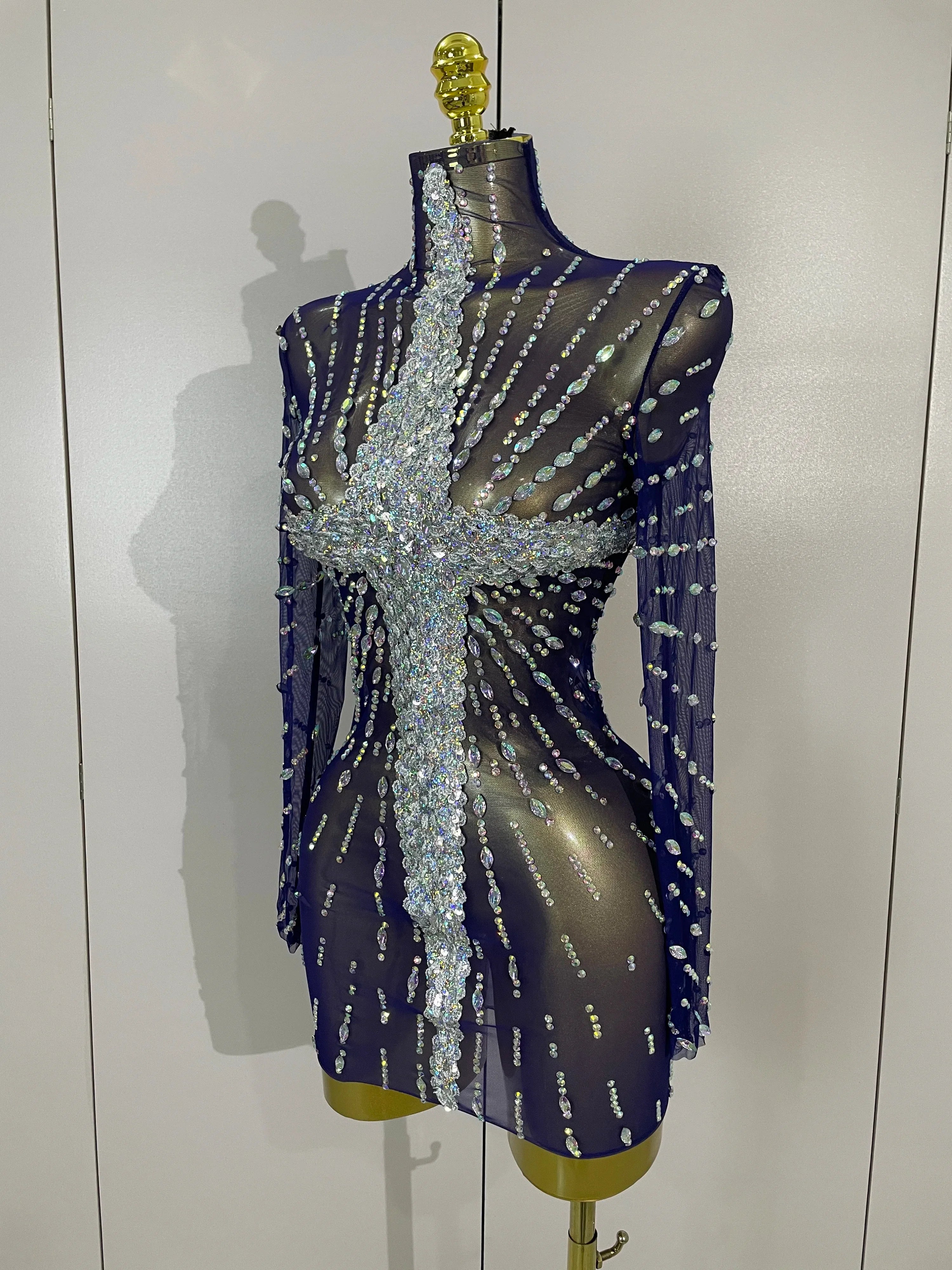 Ajay Sheer Mesh See-Through Sparkling Diamond Sequin Long Sleeve Mini Dress