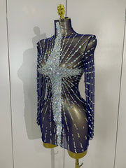 Ajay Sheer Mesh See-Through Sparkling Diamond Sequin Long Sleeve Mini Dress