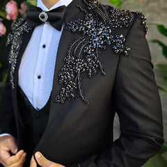 Black Beaded Gemstone Appliqué Men's Tuxedo