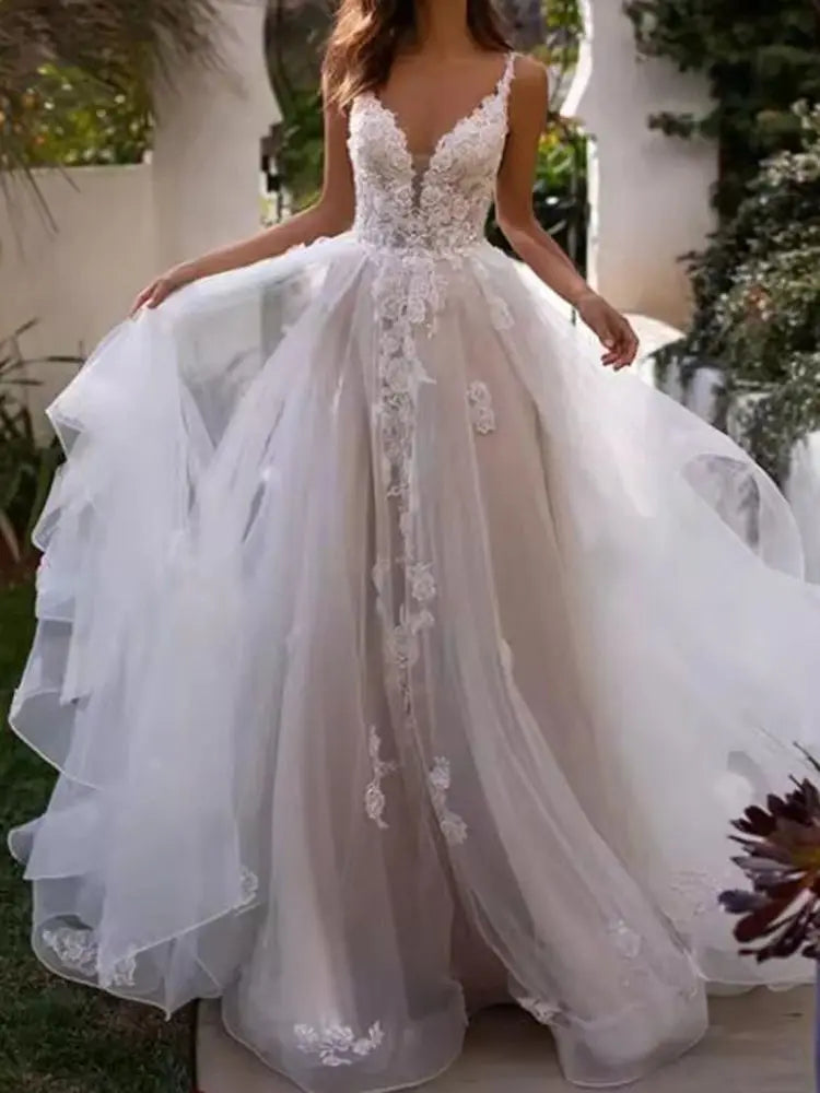 Boho A-Line Wedding Dress For Bride 3D Flowers Spaghetti Straps