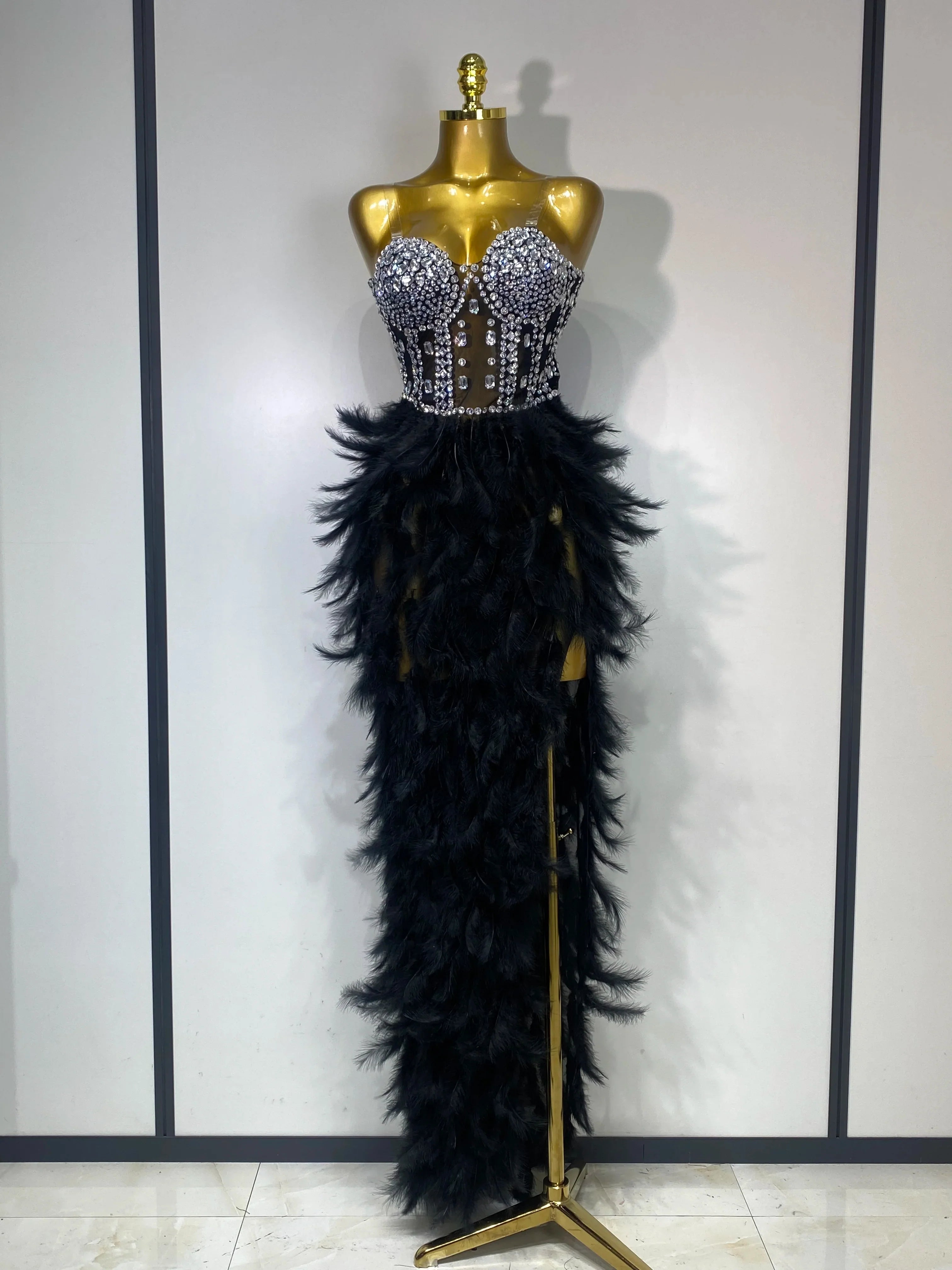 Anna Sparkly Rhinestone Feather Mesh Long Dress