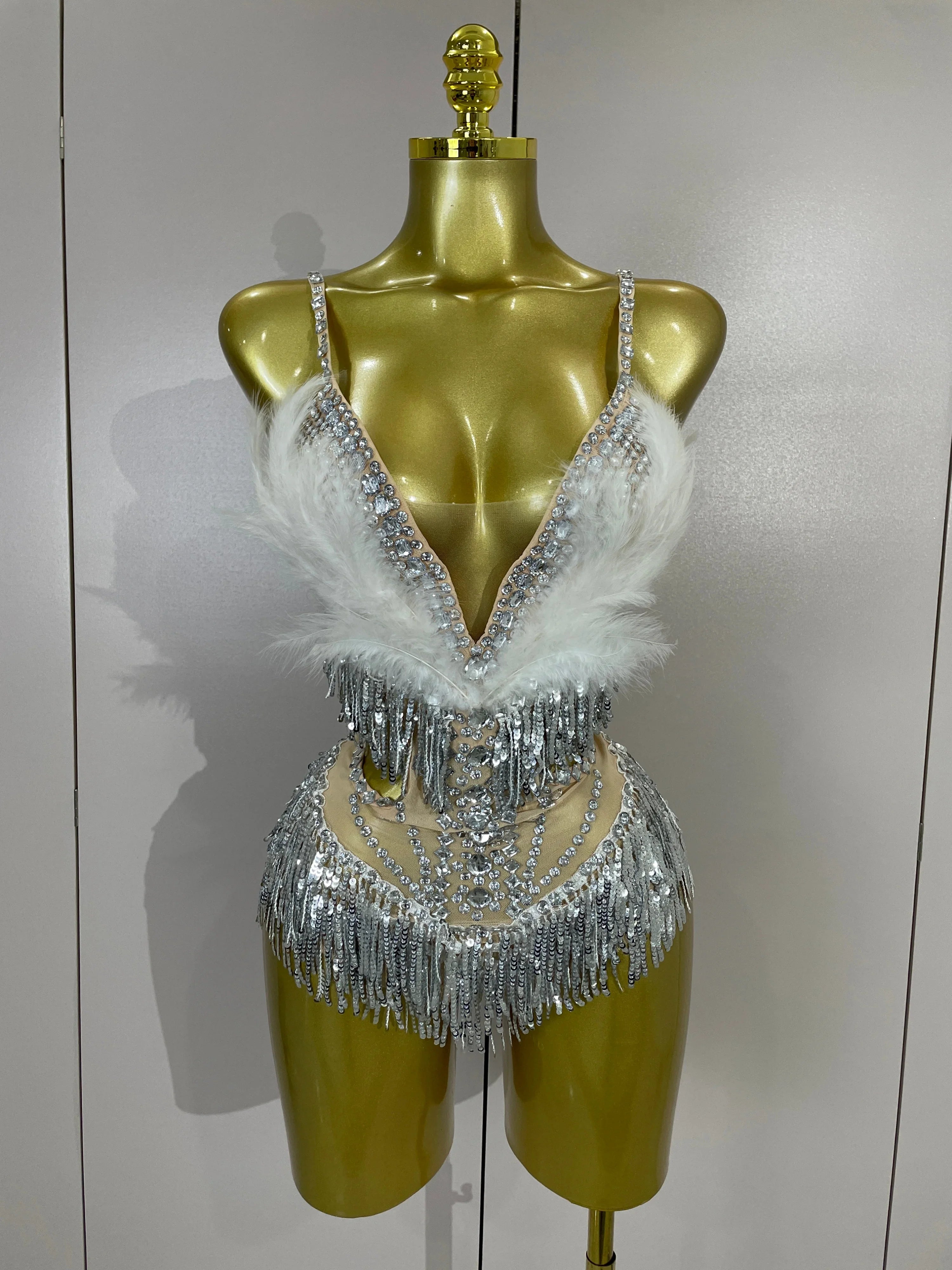 Claire Rhinestone Feather Tassel Mesh Bodysuit