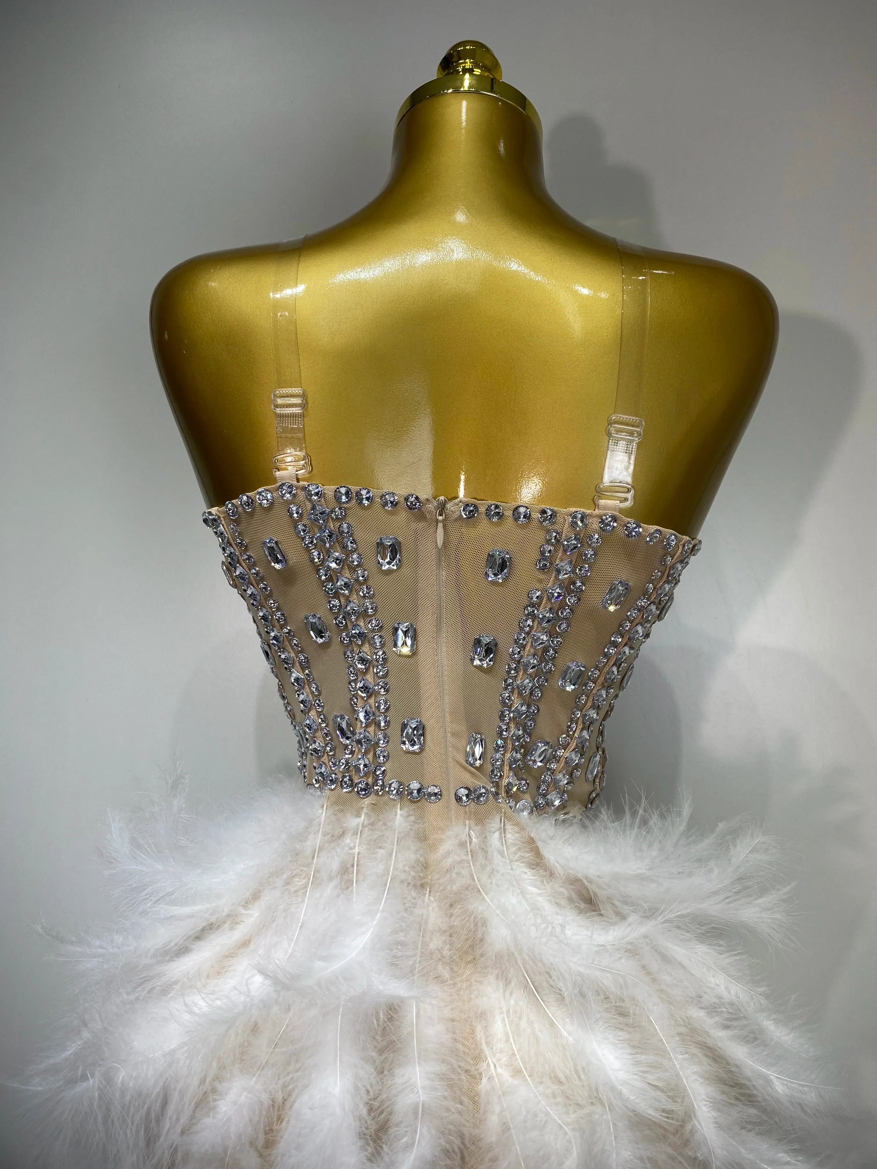 Anna Sparkly Rhinestone Feather Mesh Long Dress