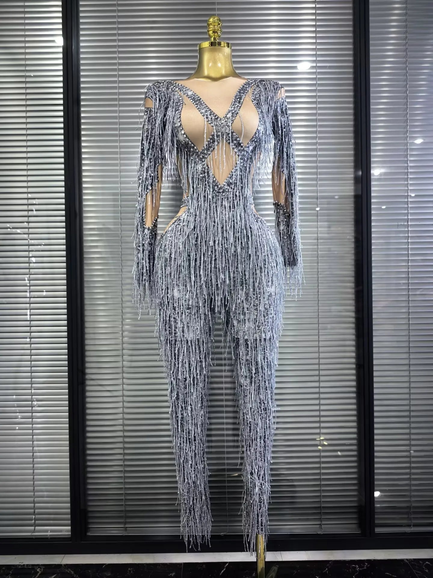 Aleah Long Sleeve High-Stretch Fringe Bodycon Jumpsuit
