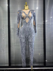 Aleah Long Sleeve High-Stretch Fringe Bodycon Jumpsuit