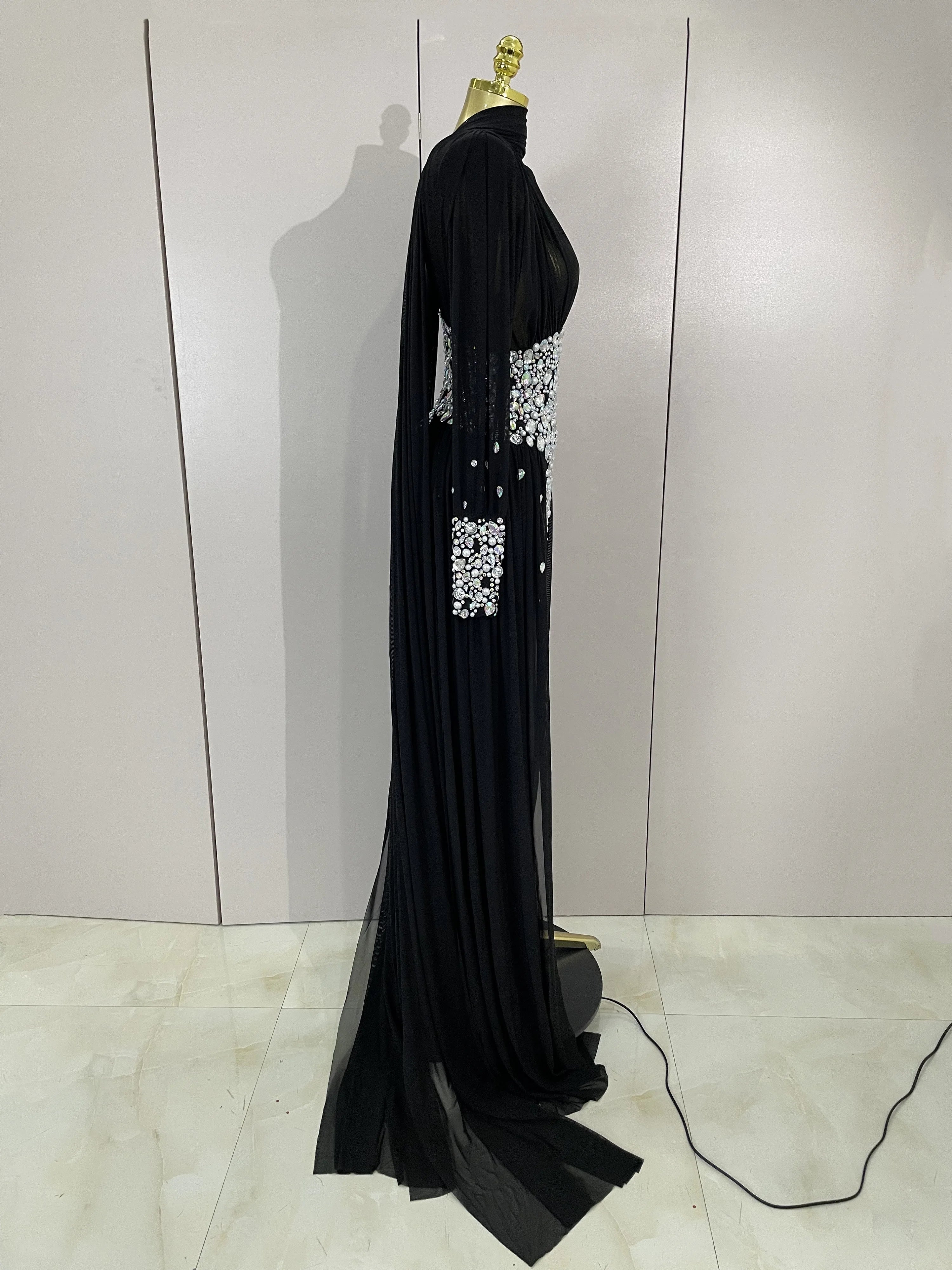 Alie Elegant Sparkly Diamond Long Sleeve Mesh See-Through Maxi Abaya Party Dress