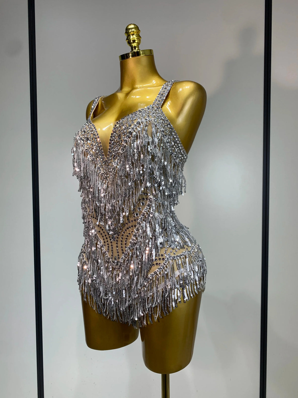 Anne Sparkly Rhinestones Sequins Tassel Sexy See-Through Bodysuit