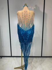 Christy Blue Rhinestone Tassel See Through Mesh Dress