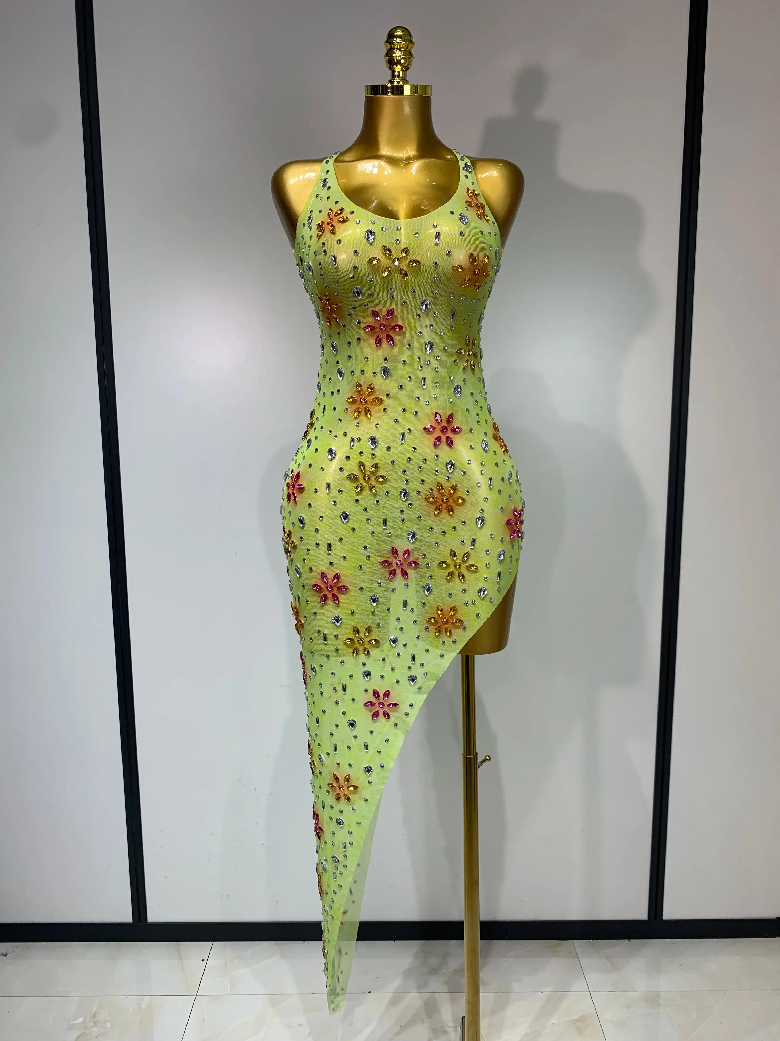 A'Riah Sexy Mesh High Split Sparkly Diamonds See Through Dress