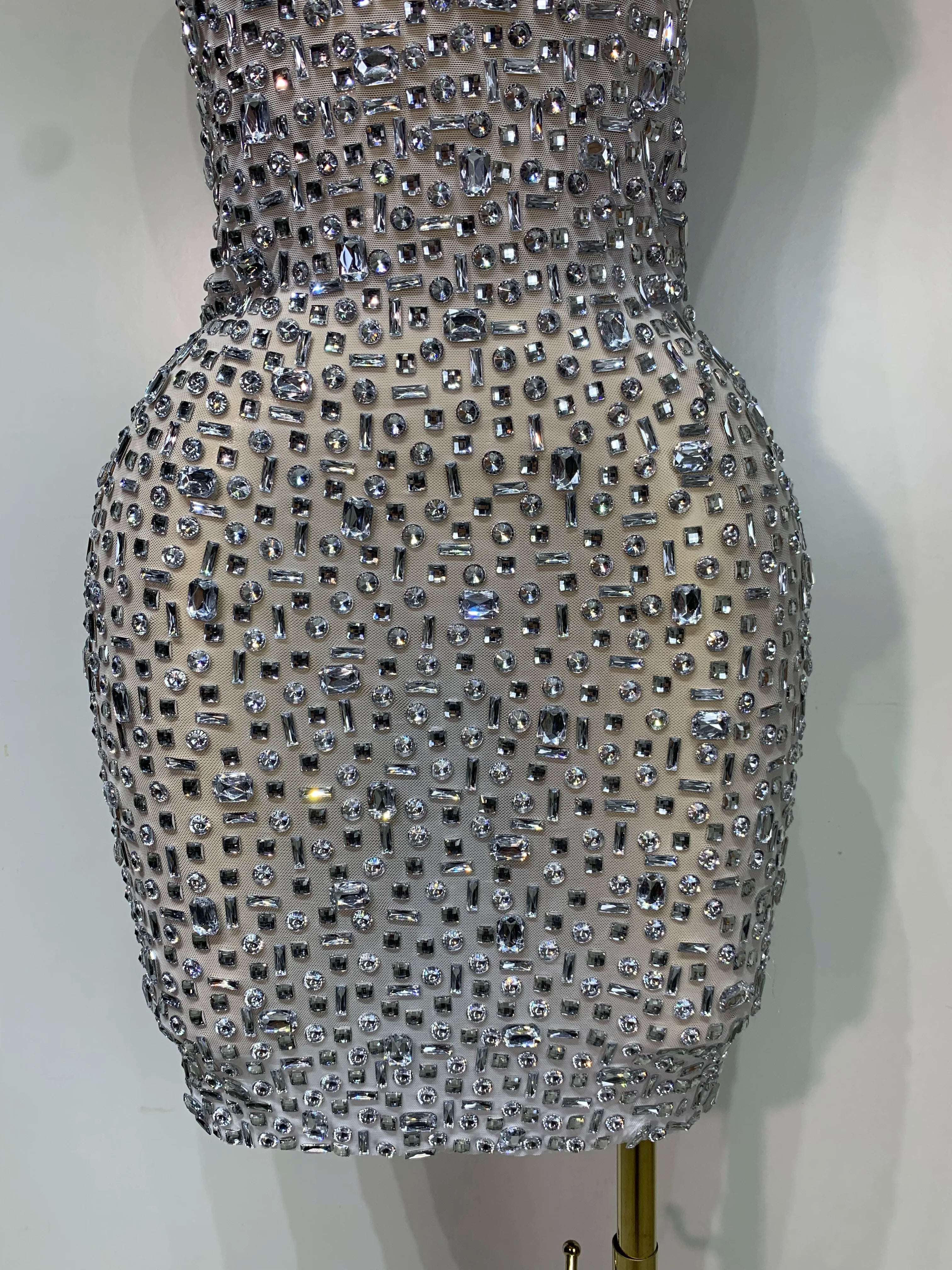 Carole Luxury Sparkly Rhinestone Sexy Mesh See-Through Short Dress