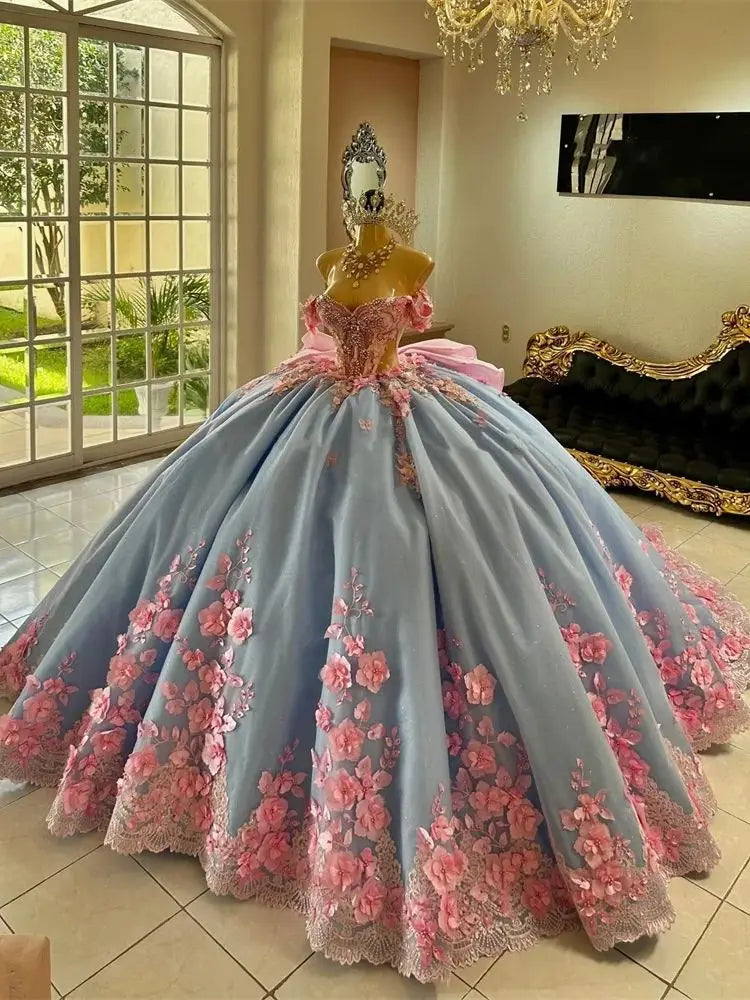 3d Flower appliques Blue Beaded Crystals Quinceanera Dress