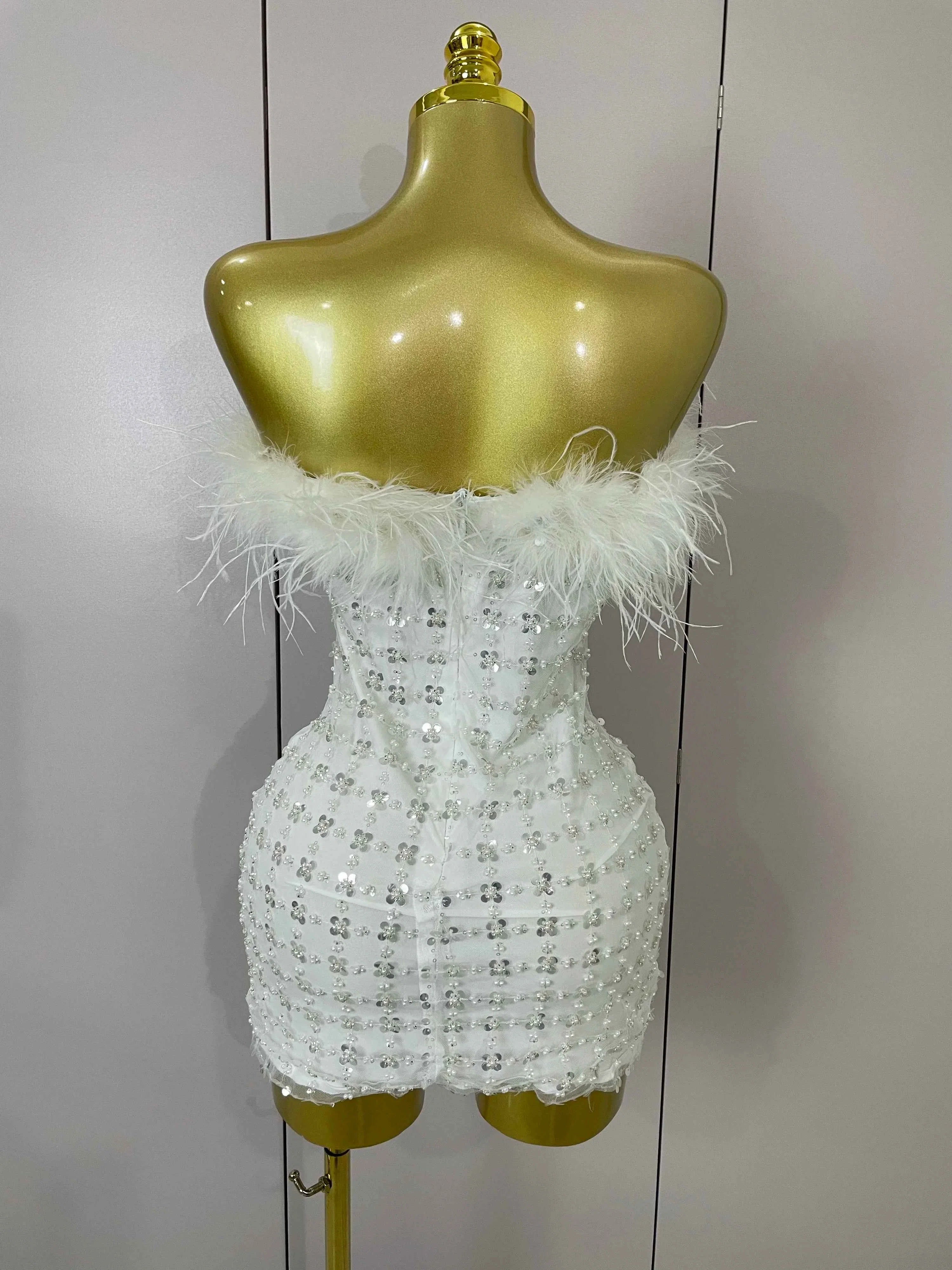 Carmina White Feather Sequin Strapless Bodycon Mini Dress