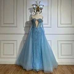 Blue Mermaid Evening Gown with Gloves and Overskirt
