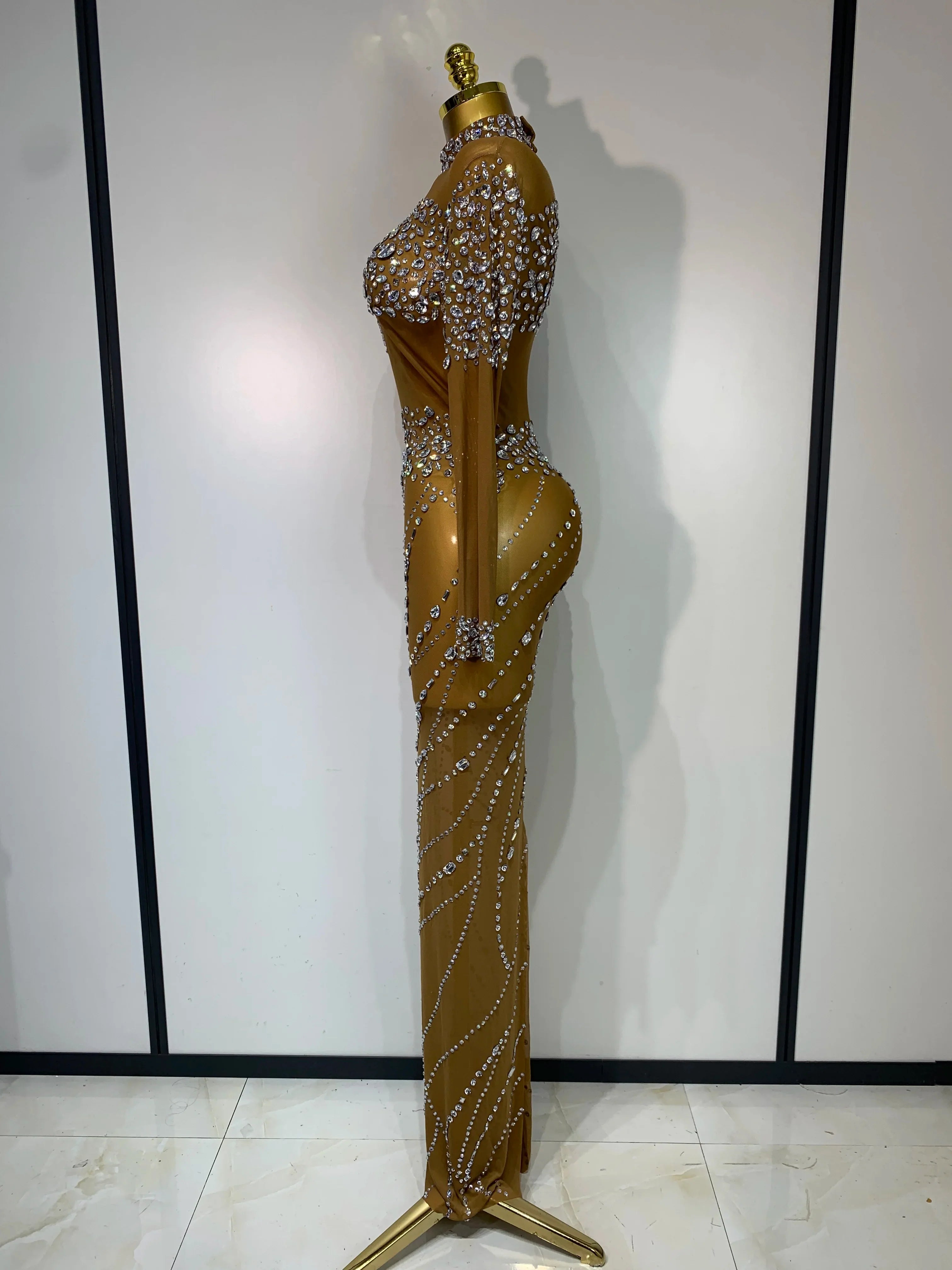 Colette Sparkly Brown Rhinestone Mesh Long Dress
