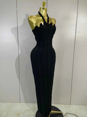 Bianca Sexy Beaded Scalloped Halter Black Bodycon Bandage Maxi Dress