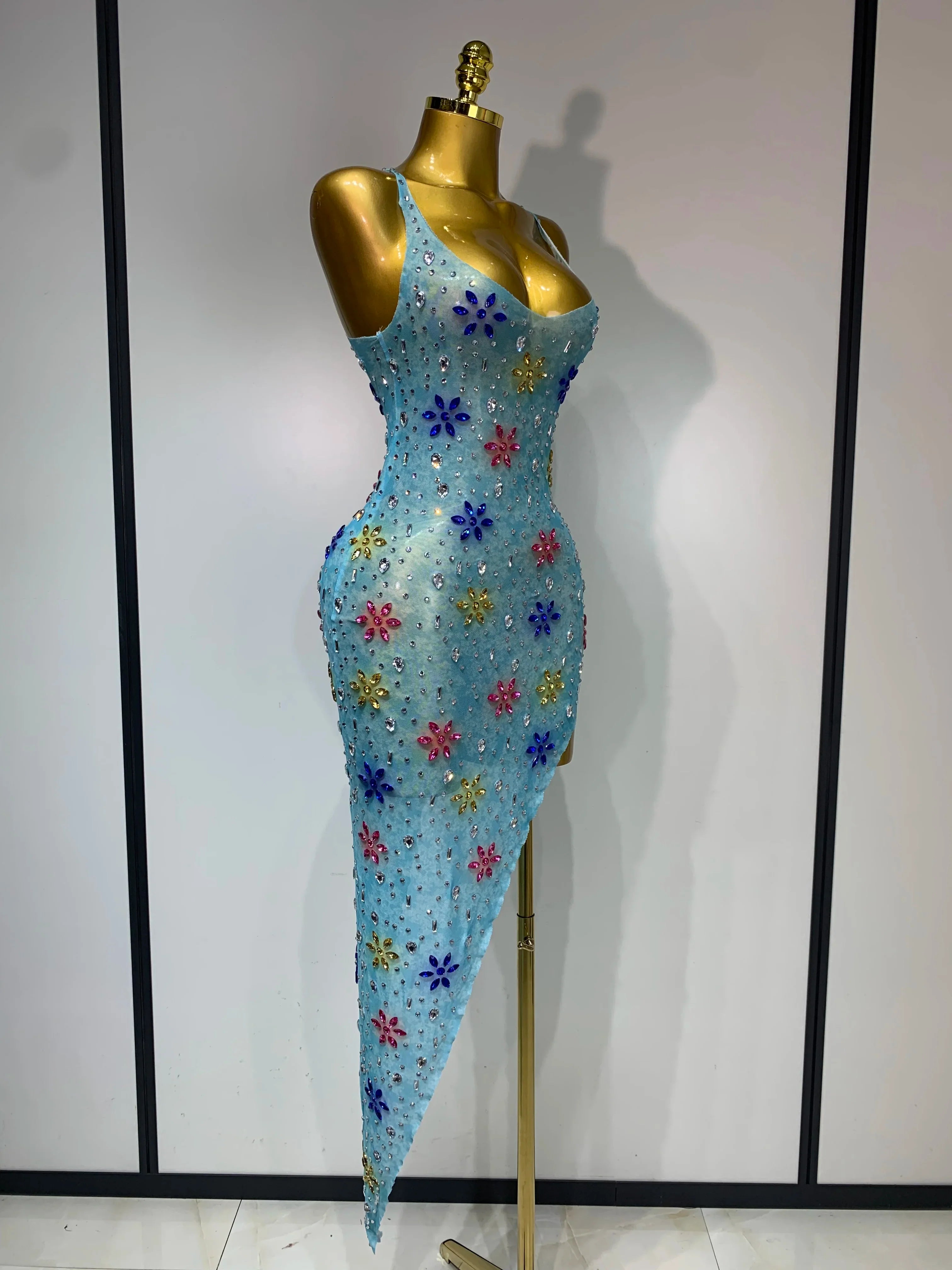 A'Riah Sexy Mesh High Split Sparkly Diamonds See Through Dress