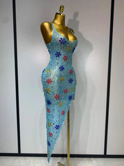 A'Riah Sexy Mesh High Split Sparkly Diamonds See Through Dress