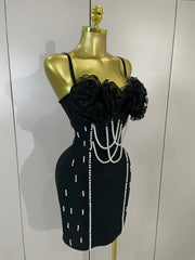 Carlie Pearl Beaded Strap Black Bodycon Bandage Dress