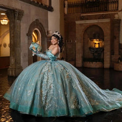 Aqua Blue Lace Beads Princess Ball Quinceanera Dress