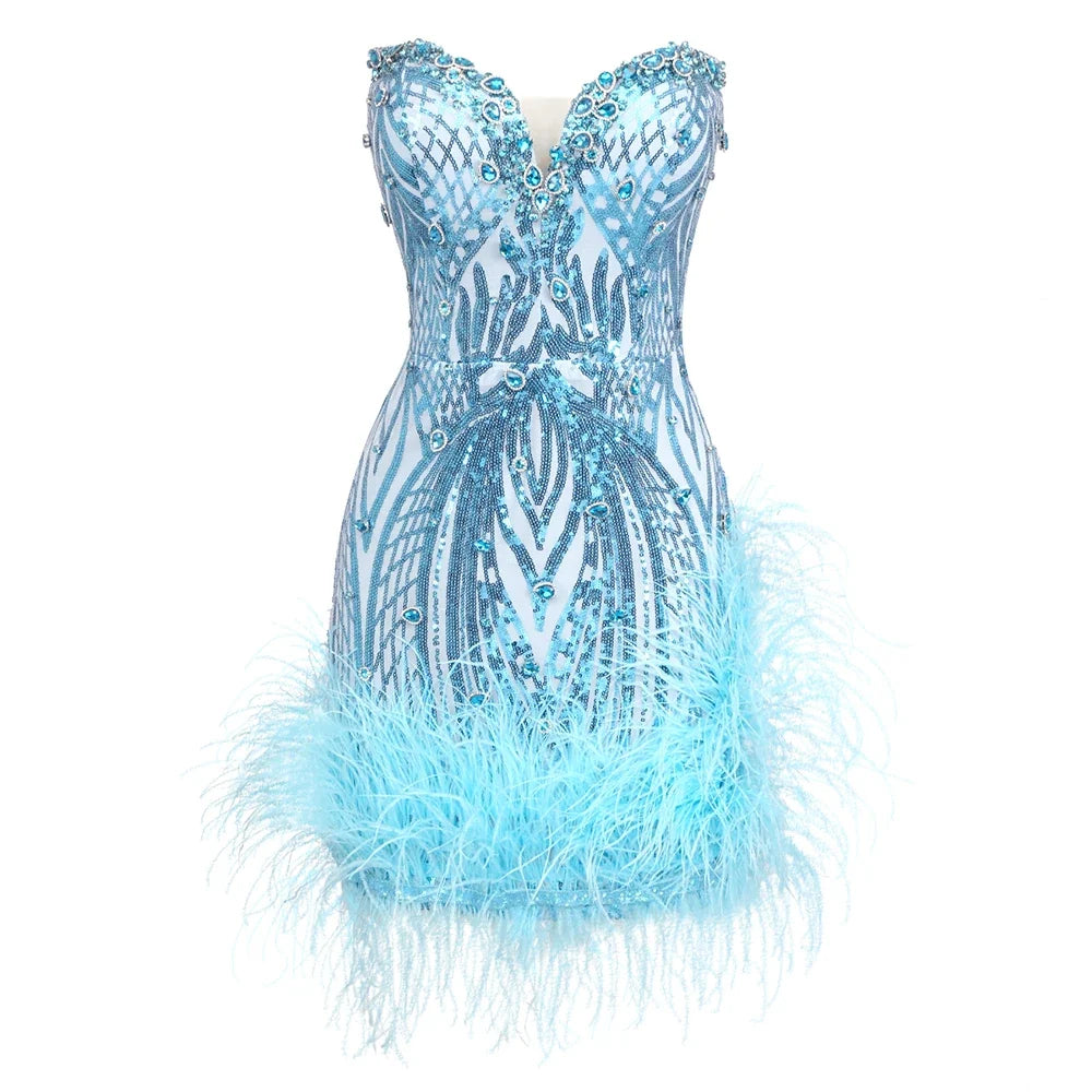 Amani – Baby Blue Feather Sequin Mini Dress