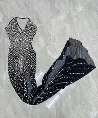 Audre Silver Rhinestones High Split Dress
