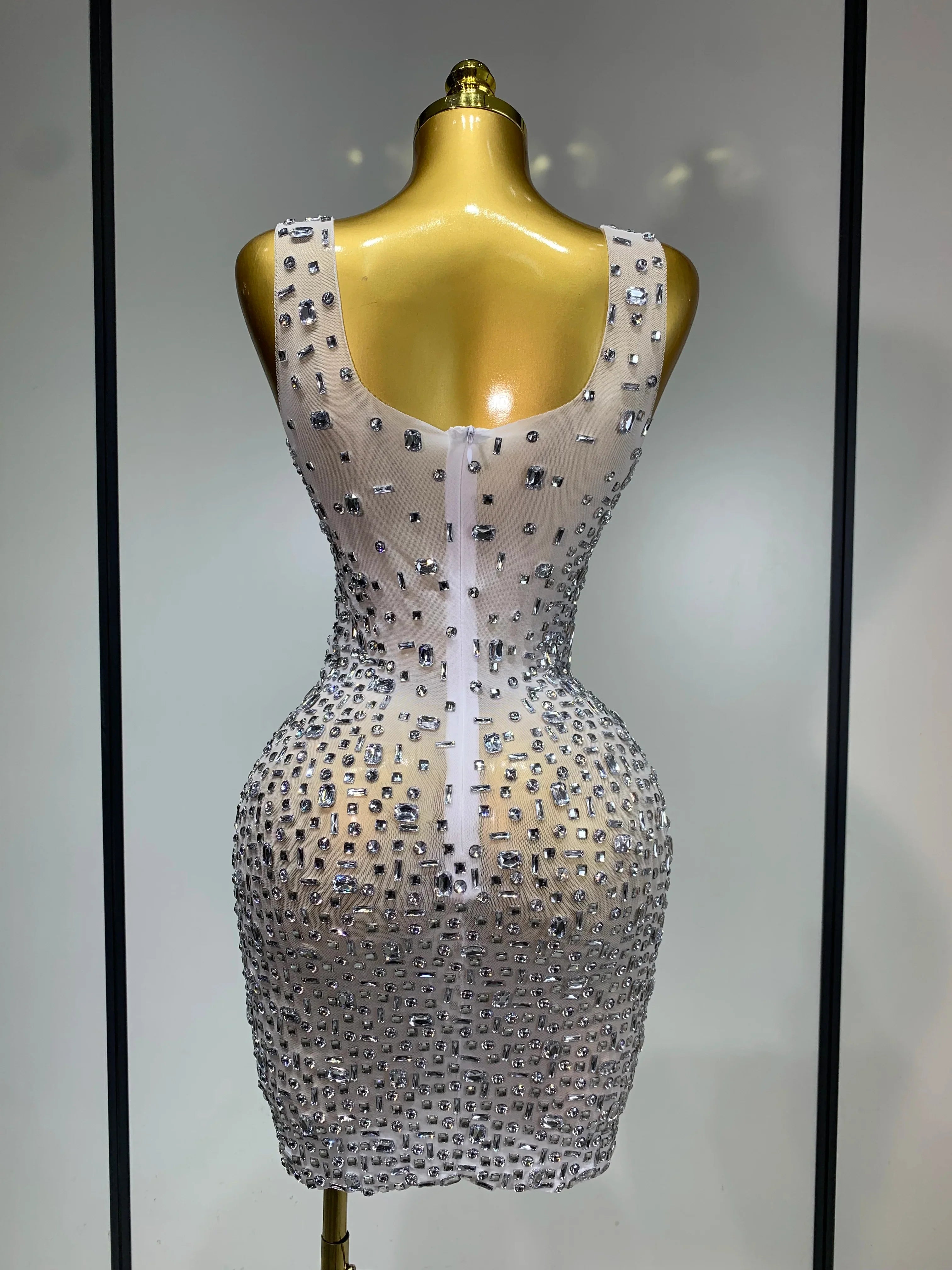 Carole Luxury Sparkly Rhinestone Sexy Mesh See-Through Short Dress