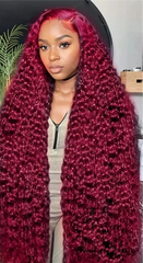 Burgundy Water Wave Human Hair Wig – 28/30/38 Inch 13x6 HD Lace Front 200% Density