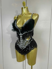Claire Rhinestone Feather Tassel Mesh Bodysuit