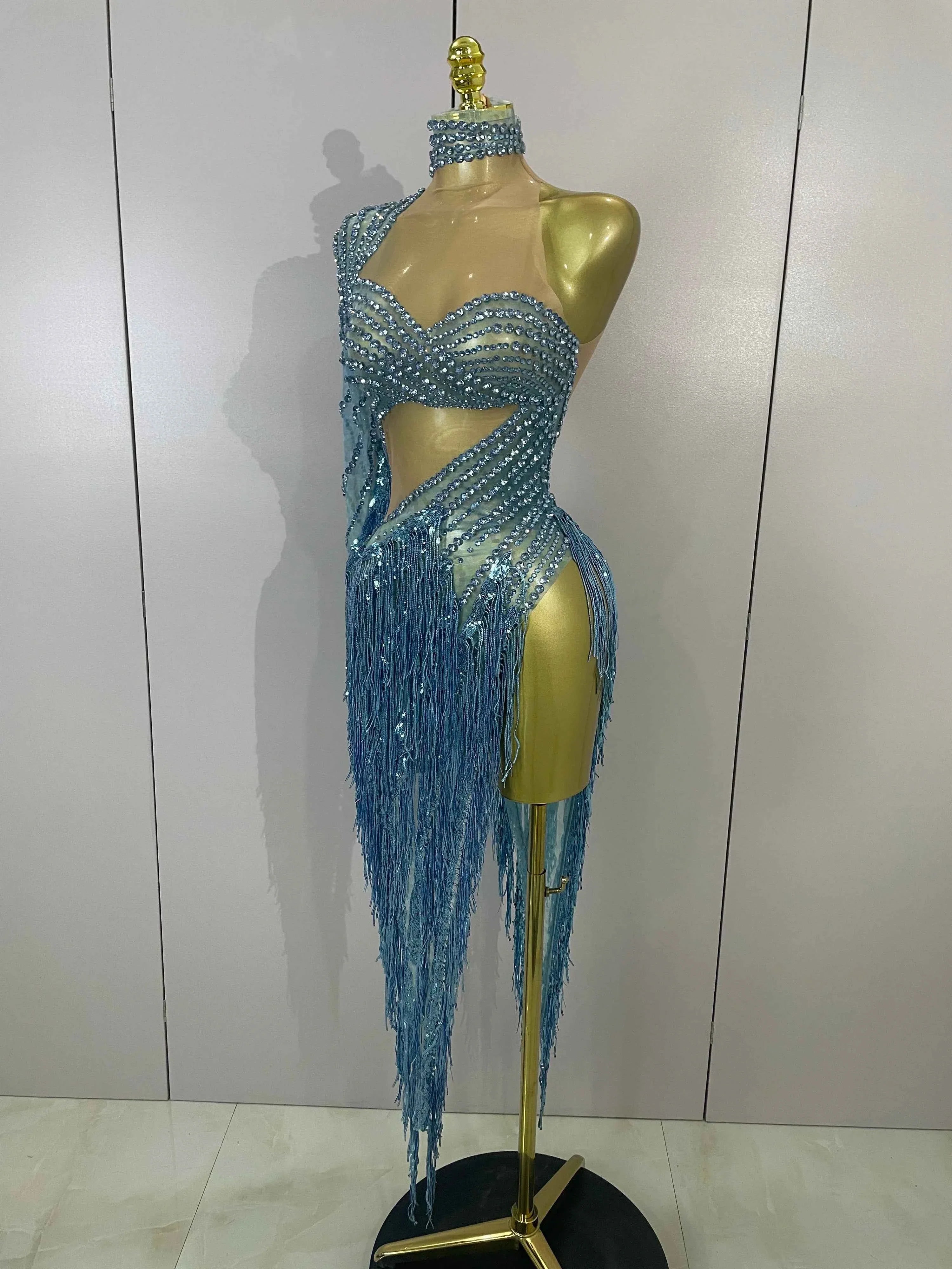 Ailanny  Sparkly Diamond Blue Rhinestone Mesh One Shoulder Tassel Dress