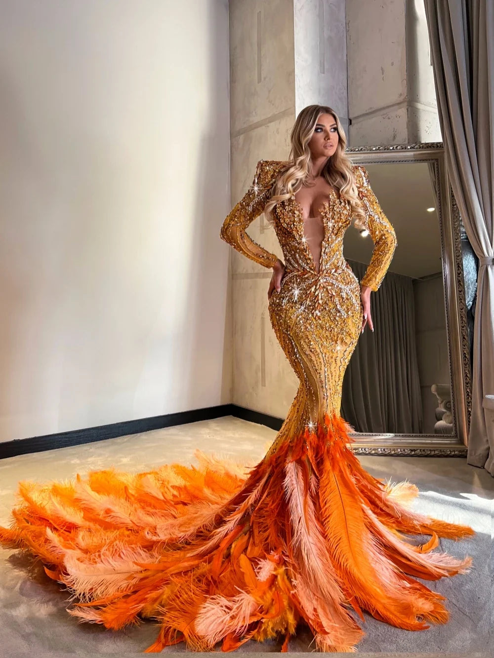 Beaded Crystal Feather Mermaid Evening Dress