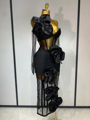 Diana One-Shoulder Bow Mesh Bodycon Dress with Gloves