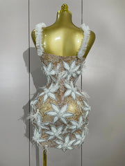 Ailaya Sexy Sparkly Diamond White Flower Feathers Mini Dress