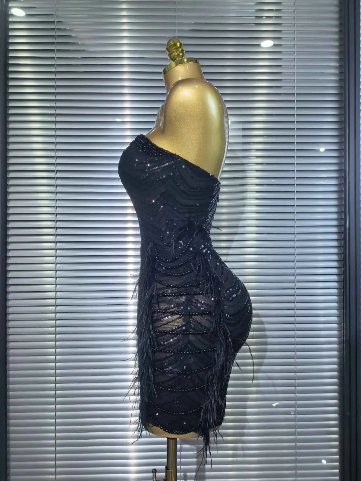 Amara Sequin Feather Strapless Bodycon Mini Dress