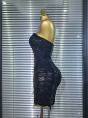 Amara Sequin Feather Strapless Bodycon Mini Dress