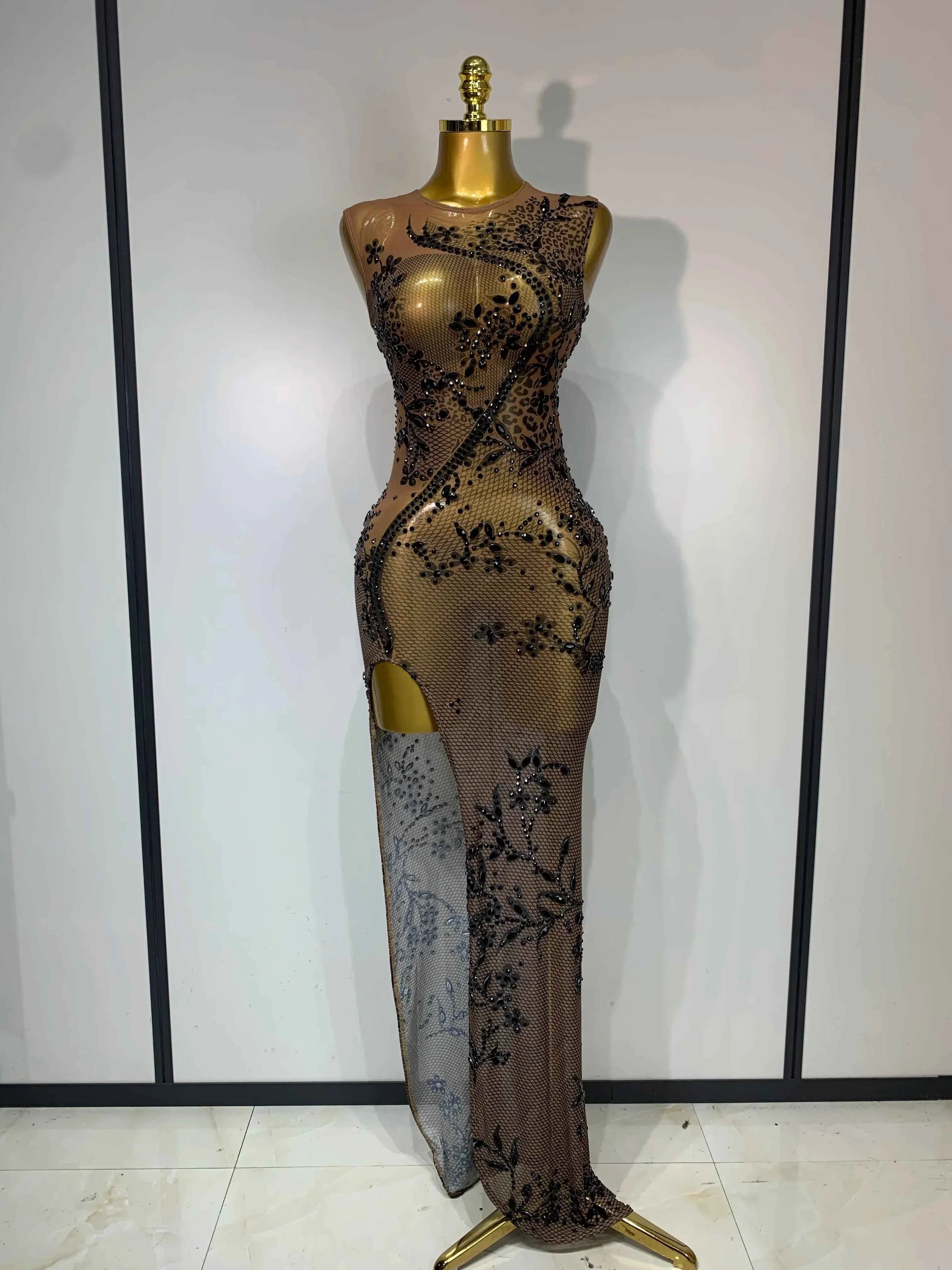 Corey Sexy O Neck Sleeveless Black Diamonds Crystal Maxi Dress