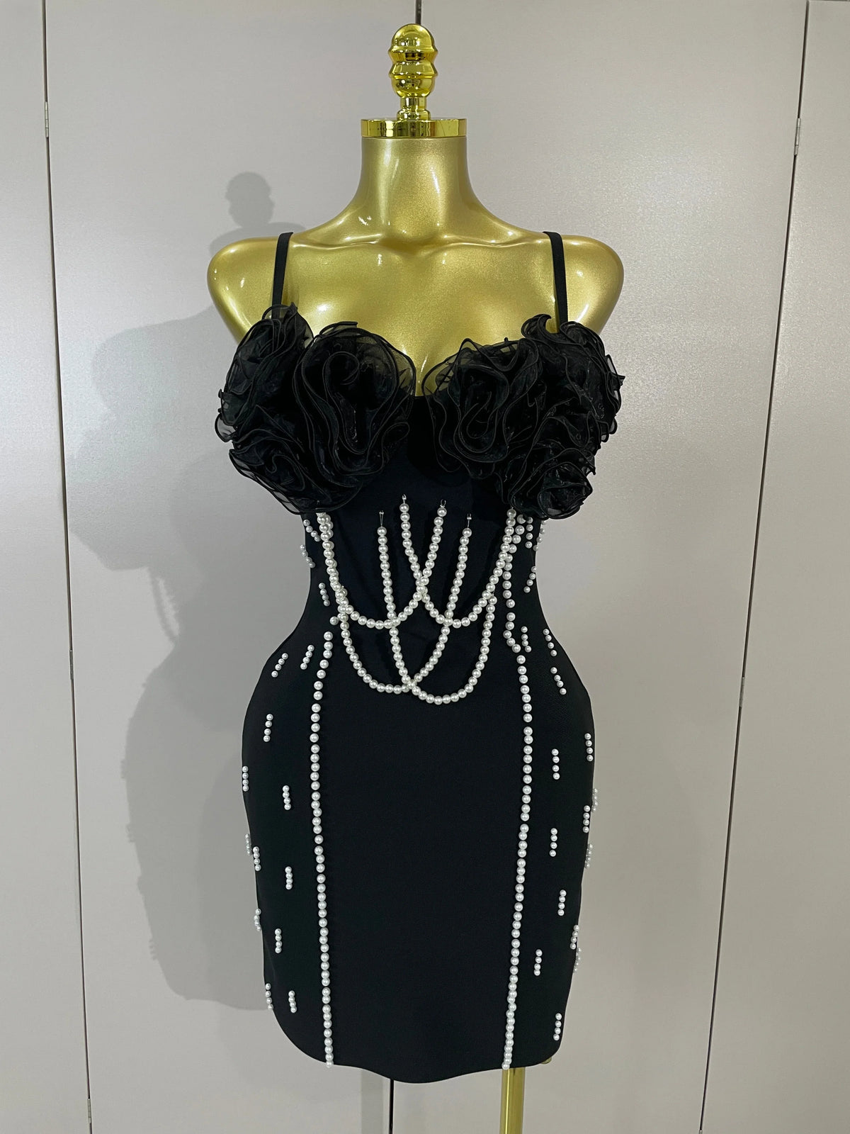 Carlie Pearl Beaded Strap Black Bodycon Bandage Dress