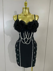 Carlie Pearl Beaded Strap Black Bodycon Bandage Dress